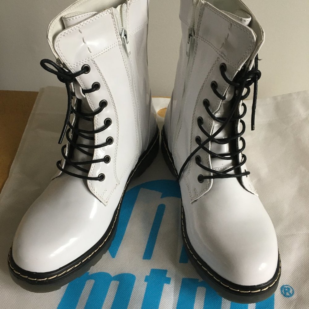 MTNG Lace Up Boots. White Patent. Size US 7 EUR 38